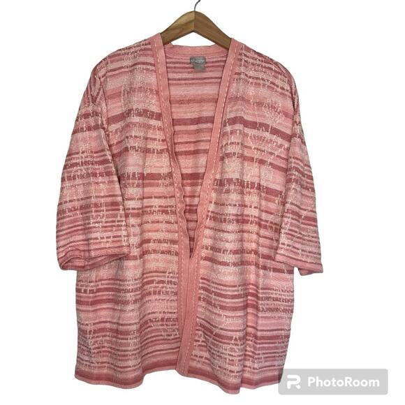 Chico’s Size 3 (XL) Pink Stripe Embroidered Open Front Valentines Day Cardigan - Picture 1 of 6